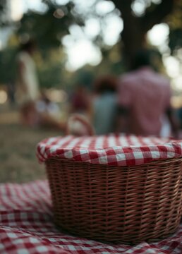 Wicker basket with a red and white checkered tablecloth on a picnic table. the basket is empty and has a handle on top.