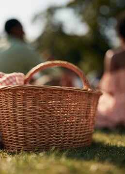Wicker basket with a handle on the grass. the basket is empty and appears to be made of wicker. it is placed on the ground in front of a blurred background of people sitting on a bench.