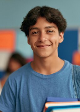 Portrait of a young boy with dark hair and a big smile on his face. he is wearing a blue t-shirt and is holding a stack of books in his hands.