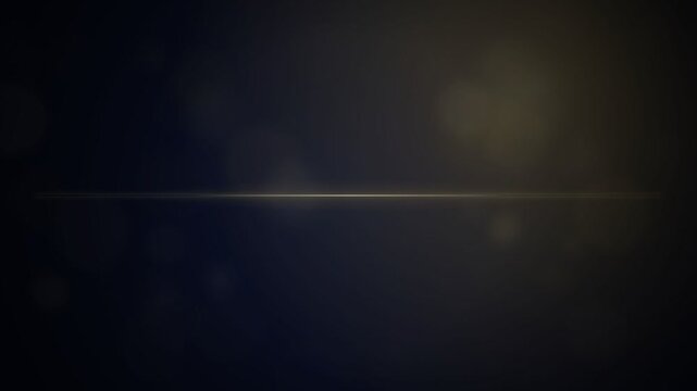 Abstract golden optical lens flare line glowing horizontally over dark blue background with soft subtle floating bokeh particles, sleek cinematic motion graphics overlay background element.