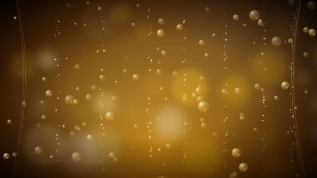 Abstract golden champagne bubbles floating upward against warm bokeh light background in slow motion, elegant festive luxury backdrop for celebration, party, New Year eve, or anniversary event.