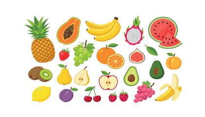 Obraz premium A vibrant vector collection of fresh organic tropical fruits. pineapple, banana, orange slices, strawberry, watermelon, kiwi, grapes, healthy food elements.