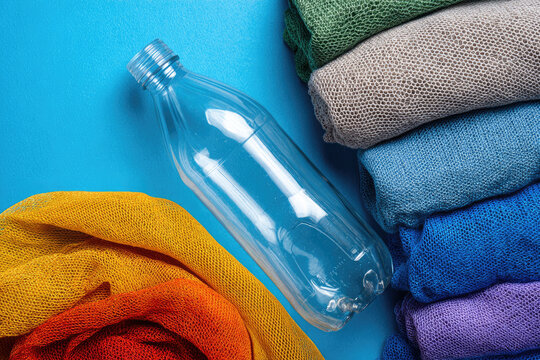 Plastic recycling and reuse concept. Empty plastic bottle and various fabrics made of recycled polyester fiber synthetic fabric on a blue background. Environmental protection waste recycling.