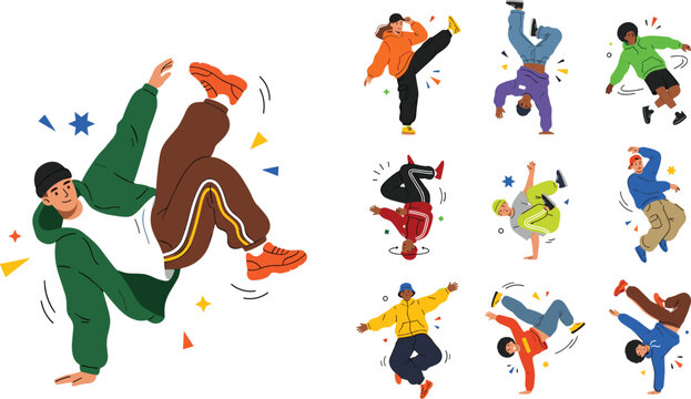 Hip Hop Breakdancer Character Set Featuring Young Dynamic Dancers Performing Breakdance Poses Handstands Headspins And Street Dance Moves For Youth Culture Graphic Designs