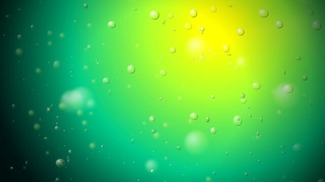 Abstract green and yellow carbonated liquid background featuring rising air bubbles and glowing light rays, ideal for refreshing drink ads, nature concepts, and vibrant summer media overlays.