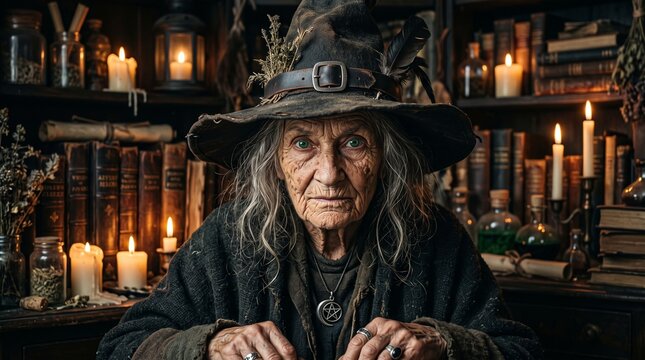 Mysterious elderly witch with wrinkled face and pointed hat staring intensely inside a dark candlelit alchemy workshop, spooky atmosphere