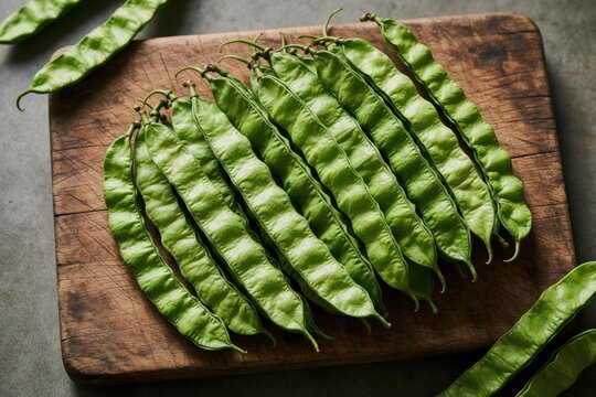 Winged beans are neatly arranged on a wooden chopping board, ready for preparation. These green pods are a staple vegetable in many Asian cuisines, offering rich nutrition.