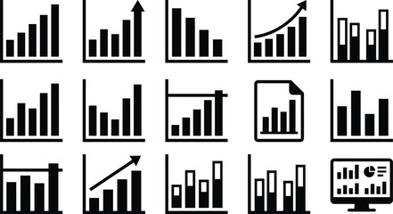 Obraz premium Business statistics bar chart icons set. Data visualization graphics. Financial analysis, market research, and accounting symbols. Modern vector collection for presentations and reports.