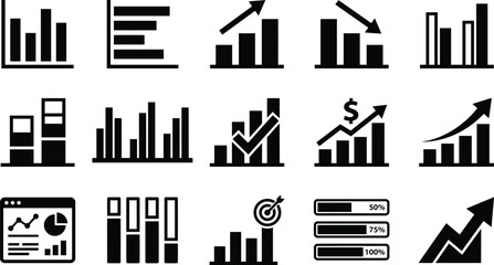 Obraz premium Financial Statistics Icon Set. Business Analytics Graphs, Bar Charts, Line Diagrams. Black Symbol Collection for Data Visualization and Reporting
