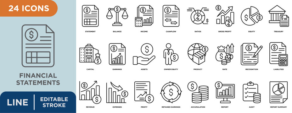 financial statements line icon set with editable stroke for balance, income, cash flow, ratios, gross profit, equity, treasury, capital, earnings
