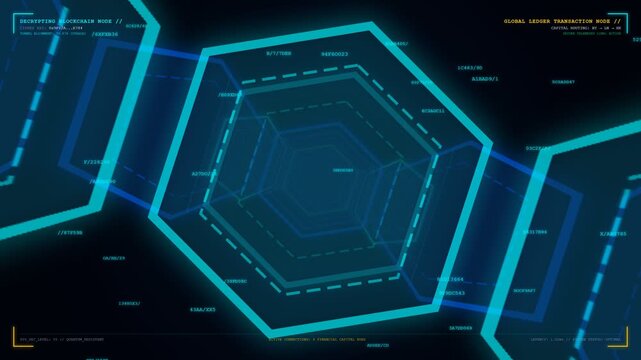 Futuristic blockchain network interface with glowing blue hexagons and digital data, zooming into a global ledger transaction HUD map showing global connections. Perfect for cyber tech themes.