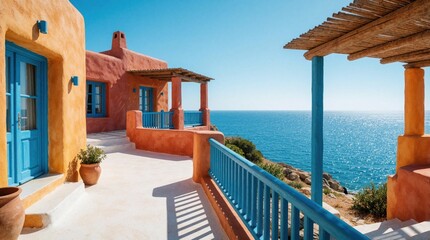 Naklejka premium Terracotta house with blue doors and windows overlooks calm sea on sunny day. Coastal architecture offers tranquil balcony view of ocean. Holiday home invites relaxation.