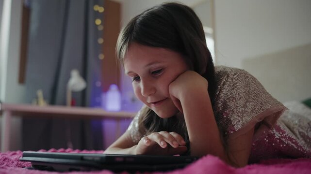 A young girl lies comfortably on a bed in her bedroom while browsing and playing on a digital tablet