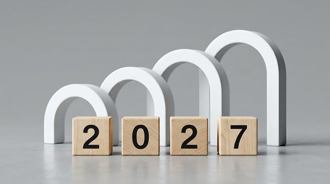 Minimalist concept with white arches framing the numbers two thousand twenty seven