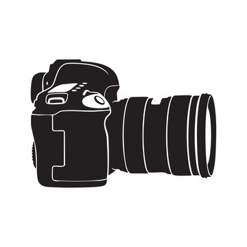 A minimalist black and white vector illustration of a professional digital slr camera isolated on white