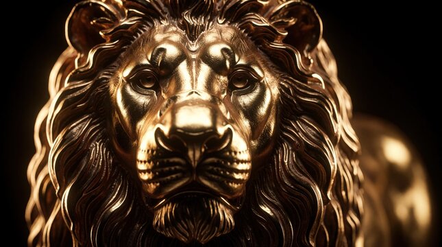 Golden lion statue with detailed mane. Majestic gold sculpture of wild animal represents power, strength, authority. Luxury metal art piece stands as silent guardian. Elegant brass figure for decor