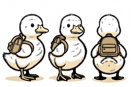Cute yellow duckling wears small tan backpack. Three views of baby bird character show side, back view. Adorable fluffy poultry ready for school journey. Funny animal illustration for kids education,