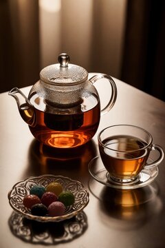 Glass teapot filled with hot herbal tea sits on table. Small glass cup contains amber liquid. Colorful candies in decorative bowl serve as tasty dessert. Warm sunlight creates cozy atmosphere for