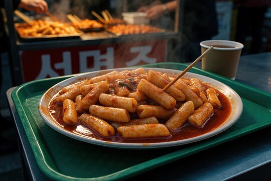 Close up of spicy Tteokbokki on plate at street food stall in Seoul. Hot rice cakes in red chili sauce served in outdoor market. Korean snack meal ready for hungry tourists and locals in Asia.