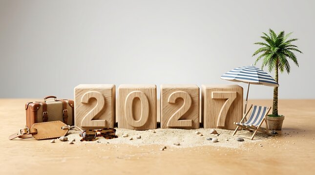 New year 2017 celebration with beach elements and travel accessories on wooden surface