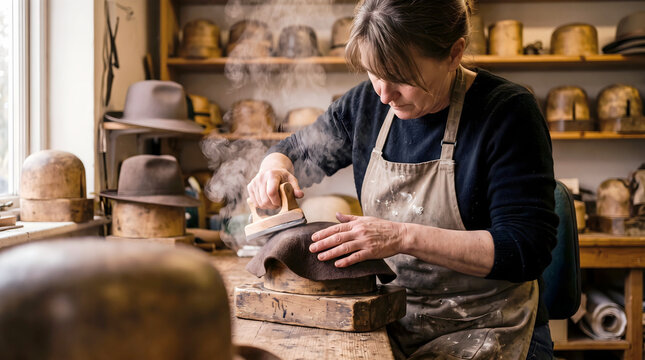 Milliner Shaping a Felt Hat by Hand in Traditional Workshop