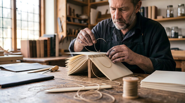 Skilled bookbinder hand stitching the spine of a book using thread and needle