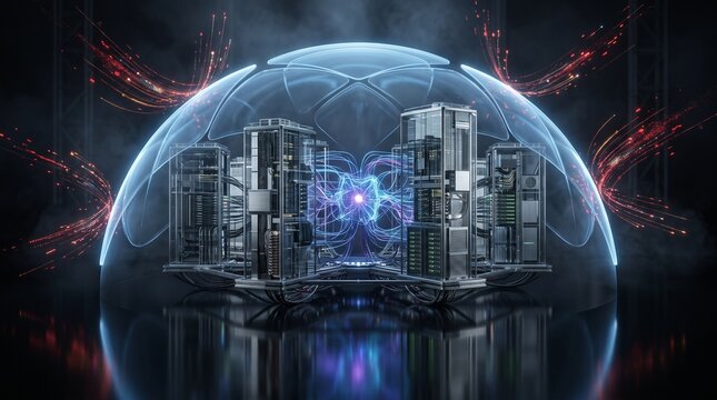 Futuristic Data Center Server Racks Protected by Glowing Blue Energy Shield Dome Defending Against Cyber Attacks, Quantum Cloud Computing Network Security and Firewall Concept