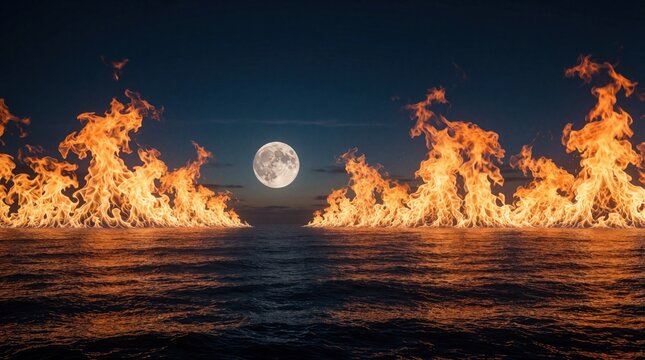 Full moon ascends above dark ocean. Blazing firewalls flank horizon line creating dramatic inferno effect. Night sky contrasts with fiery orange glow.