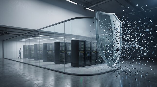 Modern Data Center Server Room Protected by Glass Shield Deflecting Cyber Attack with Network Racks and IT Engineer, Concept of Cloud Cybersecurity, Firewall and Digital Data Privacy
