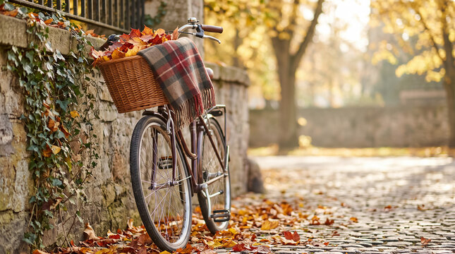 Vintage bicycle leaning against stone wall during autumn, basket filled with fallen leaves and plaid blanket