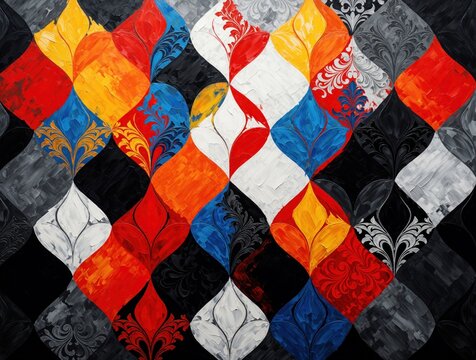 Abstract geometric mosaic features vibrant colors like red orange yellow, blue with black, white ornate floral motifs. Textured paint strokes form repeating pattern suitable for backgrounds textiles.