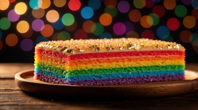 Multi layered rainbow cake with white frosting and gold leaf sits on wooden plate. Colorful bokeh lights illuminate festive treat perfect for celebrations or parties.