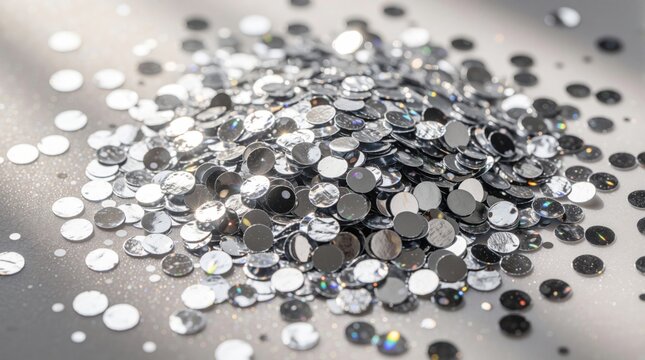 Silver confetti pieces scattered on soft glowing background. Shiny metallic circles create festive texture with bright sparkles. Glamorous party decoration with shimmering light effects for