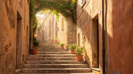 Obraz premium Ancient town alleyway featuring old stone stairs winding upwards, bathed in warm afternoon sunlight through a leafy arch