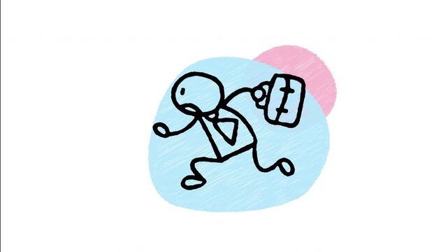 An animated hand-drawn businessman holding a briefcase running fast to catch time. Perfect for late morning rush, commute hustle, time urgency, and busy work life routines. 