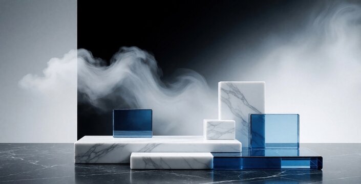 Sleek white marble podium, blue glass blocks on dark surface. Abstract stone pedestals sit under soft white smoke steam clouds. Modern minimalist background with gradient light for product display,