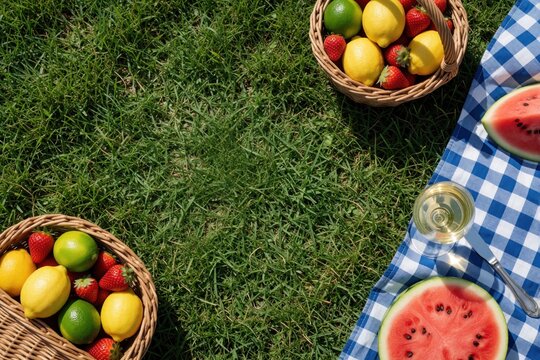 Summer picnic setup on green grass with fruit baskets, watermelon slices, and a glass of wine on a checkered blanket. Overhead view with ample copy space for text or design elements.