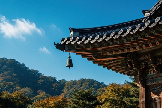 Korean temple eaves and bell against a clear blue sky. Autumn trees and rich green mountains form a backdrop to traditional architecture. This peaceful scene shows cultural heritage.