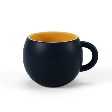 Dark navy blue mug with mustard yellow inside. Round ceramic cup object isolated on white background. 3D rendering of modern kitchenware for coffee tea. Minimalist matte style tableware for breakfast
