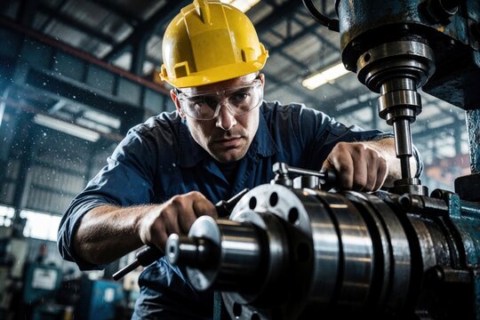 Man in hard hat and safety glasses operates milling machine. Worker adjusts metal part, focuses on precision job. Industrial manufacturing setting with machinery detail.