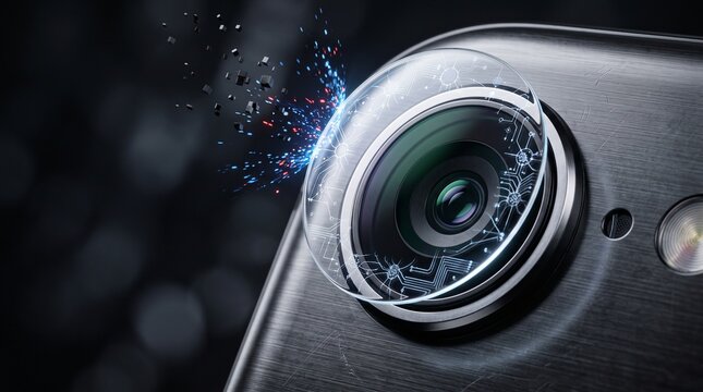 Macro View of Futuristic Smartphone AI Camera Lens with Tempered Glass Protector, Neural Circuit Pattern, and Glowing Data Particles for Advanced Mobile Computational Photography Technology.