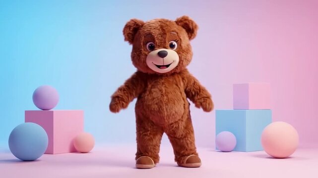 Cute 3D Teddy Bear Walking in Colorful Pastel Room Animation