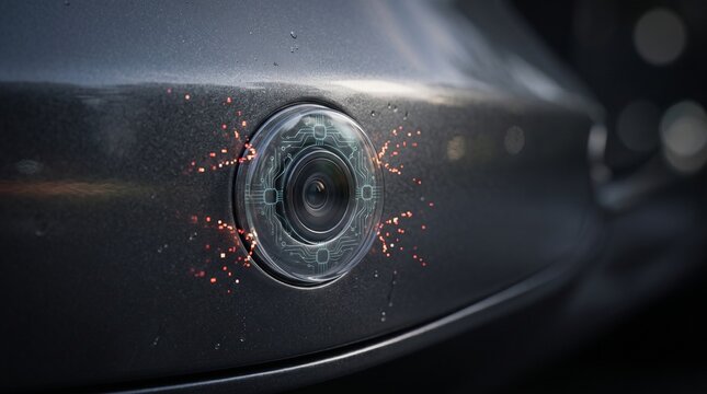 Smart Car Autonomous Driving Camera Sensor on Bumper with AI Computer Vision and Circuit Technology Overlay for Advanced Driver Assistance ADAS and Vehicle Safety System