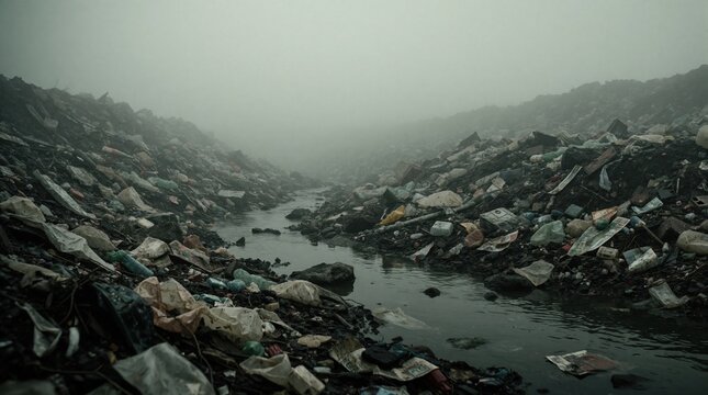 Misty landfill landscape with garbage heap and water stream. Pollution piles create bleak scene, showing environmental damage and waste problem.