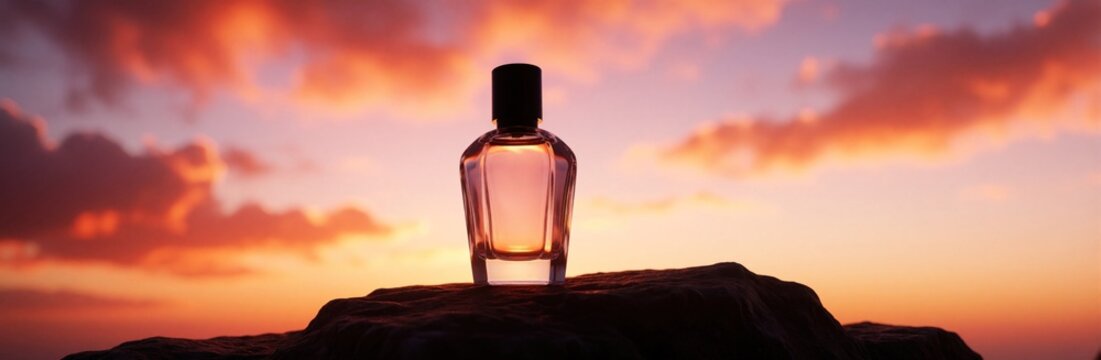 Elegant glass perfume bottle sits on dark rock silhouette. Dreamy sunset sky with orange pink clouds creates magical atmosphere. Luxury fragrance bottle glows against evening horizon. Minimalist