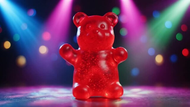 Dancing Red Gummy Bear Candy on Stage with Disco Lights