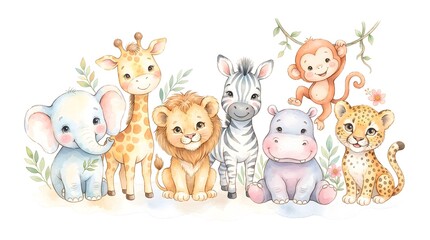 Fototapeta premium A delightful watercolor illustration of jungle animal friends sitting together, expressing friendship and playful interaction.