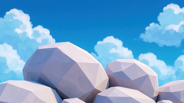 Polygonal rocks rest against bright blue sky and fluffy white clouds. Digital artwork uses geometric shapes for a modern, clean look on nature scenery.