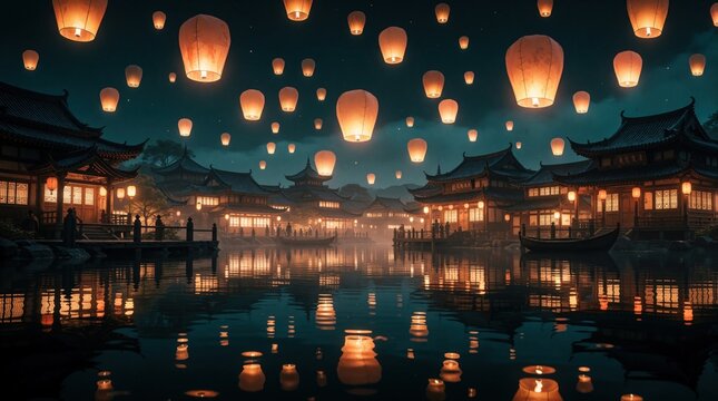 Asian village at night with many floating lanterns over calm water. Traditional buildings illuminated, reflecting lights on lake. Peaceful scene offers magical atmosphere, perfect for fantasy themes.