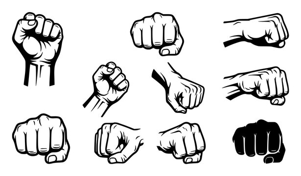 Clenched fist hand icon set punch gesture black and white cartoon vector illustration pack design